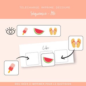 May include: A printable summer sequence featuring a popsicle, watermelon slice, and flip-flops. The text reads "TÉLÉCHARGE. IMPRIME, DÉCOUPE" and "Séquence - Été". The design includes the text "DES IDÉES À IMPRIMER POUR LE QUOTIDIEN".