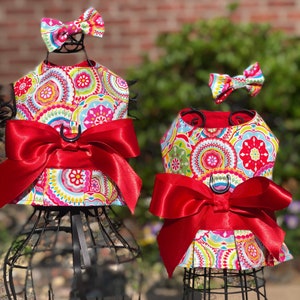 Medallions Dog Harness Dress with large red satin bow