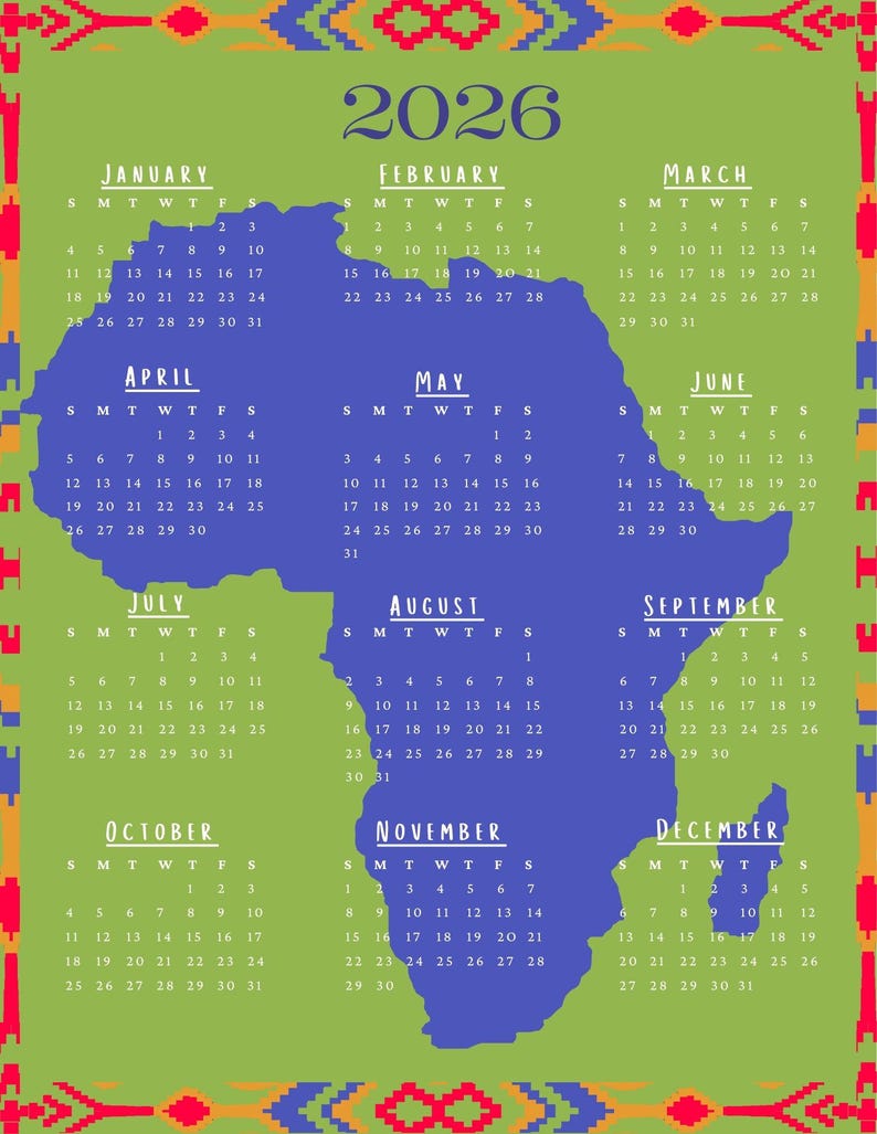 2026 Africa Continent Graphic Calendar One Page Instant Digital Il Lwbp 