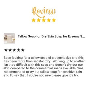 May include: A review image with the word "Review" in a yellow script font above five yellow stars. Below, the text reads "Tallow Soap for Dry Skin Soap for Eczema S..." and a customer review.