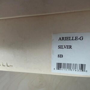 May include: A light beige rectangular cardboard shoe box with a white label on the side. The label features the text ARIELLE-G, SILVER, and 8B, along with a barcode. The partial text ANDALL is visible in gold lettering on the lower left side.