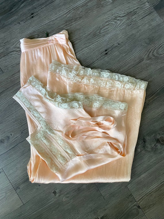 Gorgeous 1920s Peach Silk Lace PJ Pajamas Set Ling