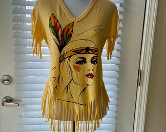 Vintage 70s Cut Fringe Pocahontas Festival Boho Tee T Shirt