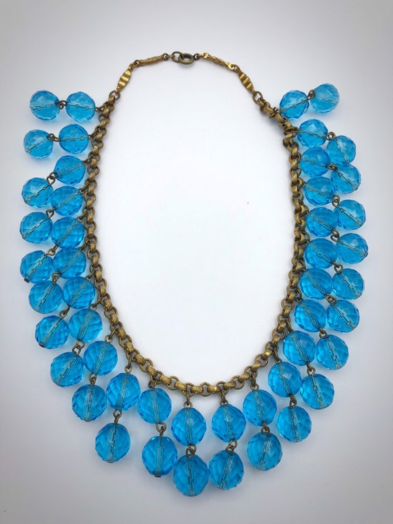 30s 40s Sparkling Blue Faceted Crystal Bib Fringe 