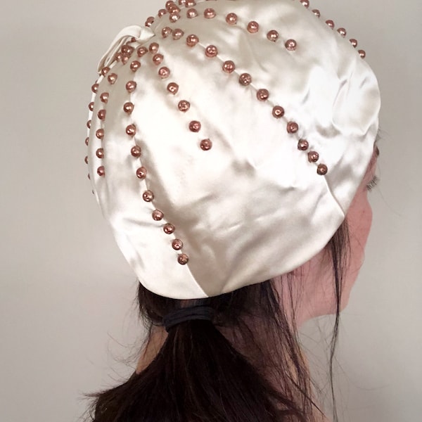 60s Satin Studded Beaded Creme White Mr. John Mod Cloche Helmet Hat Dressy Evening