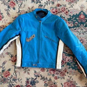 Vintage Blue Color Blocked Leather Racing Jacket