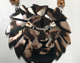 Mother of Pearl Lion Necklace: 70s Safari Resin Pendant