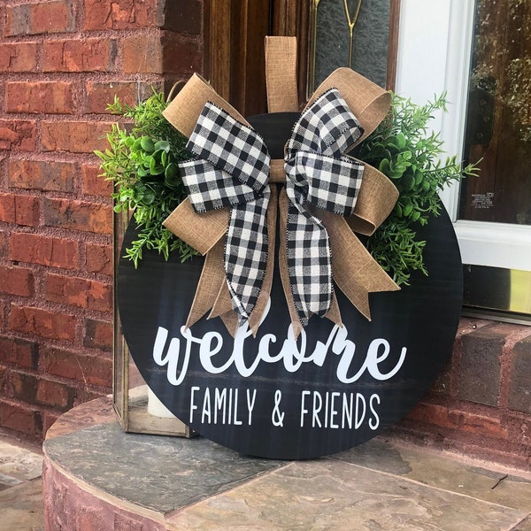 Round Wood Door Hanger | Door Wreath | Welcome Family and Friends | Front Door Decor | Door Sign | Home Decor | Gift | 18" | Buffalo Plaid