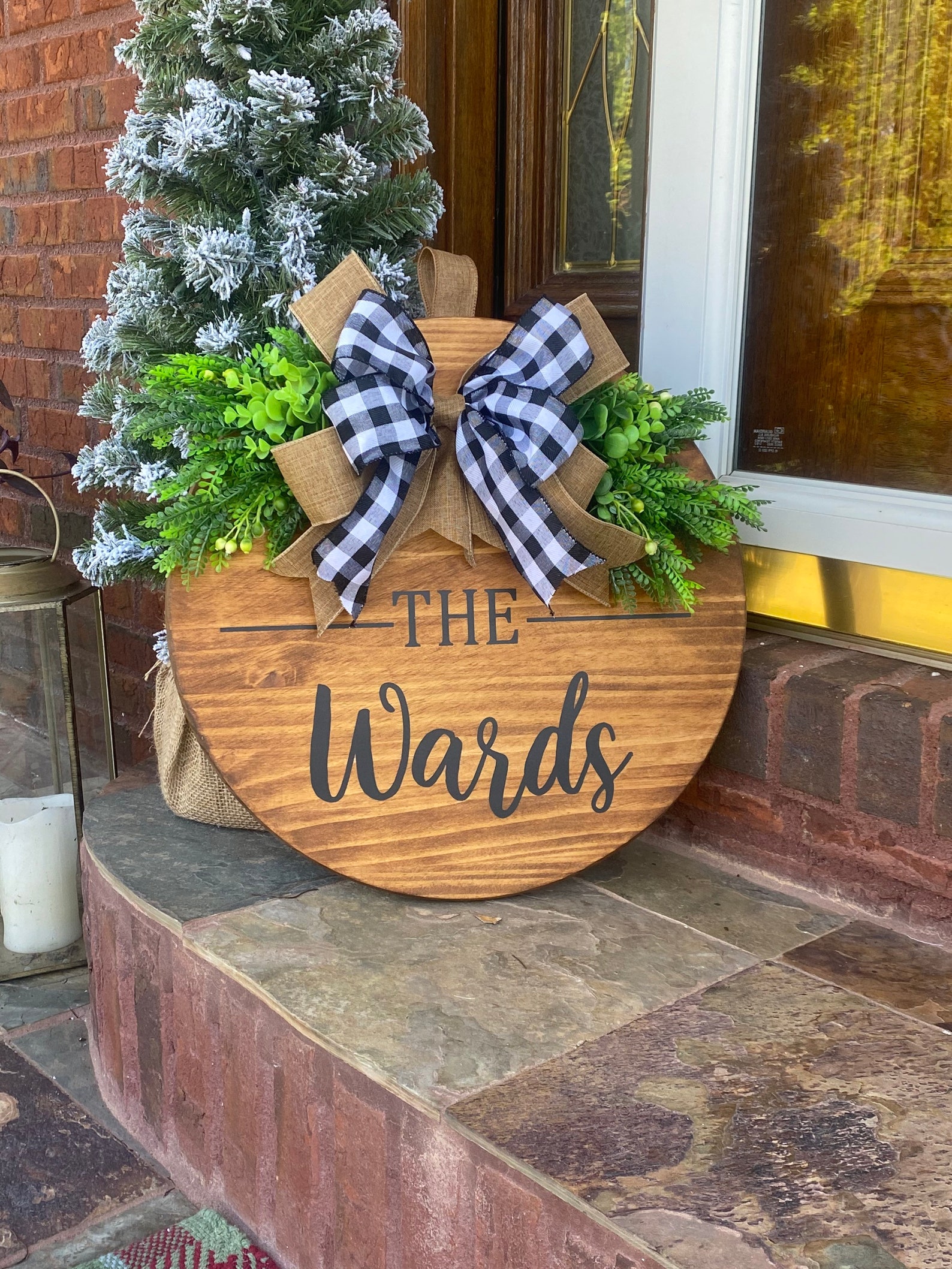 Round Wood Door Wreath Door Hanger Personalized Home Decor Etsy