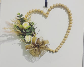 SALE!! Beaded natural heart door hanger | Wreath | Valentine | Door Decor | Floral bouquet | Feathers | Wedding | Love | Ready to ship!