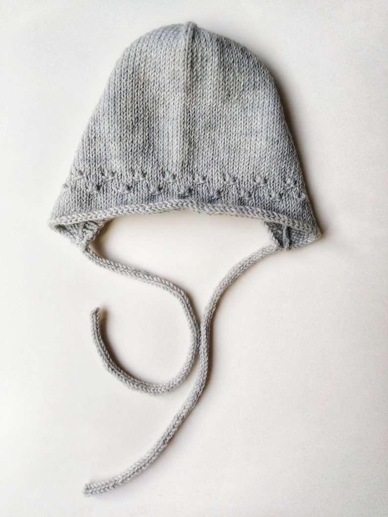 Hand knitted grey merino wool bonnet for 12-18 months 1st birthday present