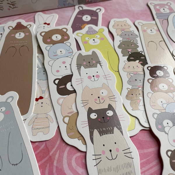 Boxed Set of 30 Die-Cut Cats and Bears Paper Bookmarks w/ Bonus Cute Cat/Bear Keychain