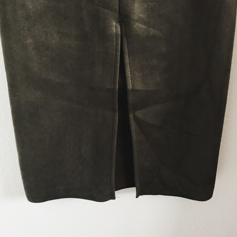 Faux suede olive green bodycon skirt with slit Simple Minimalist