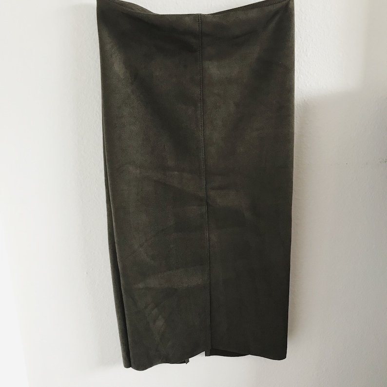 Faux suede olive green bodycon skirt with slit Simple Minimalist