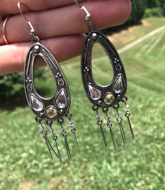 Vintage Silver Dangle Teardrop Earrings with Faux… - image 5