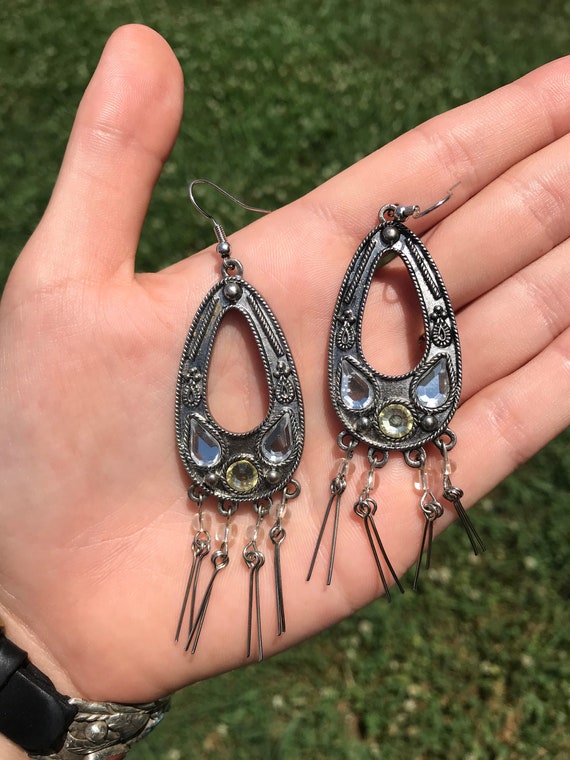 Vintage Silver Dangle Teardrop Earrings with Faux… - image 8