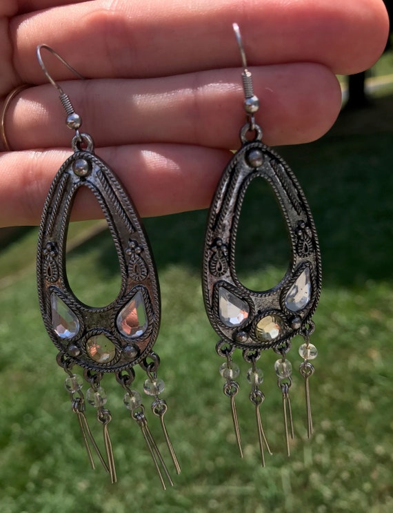Vintage Silver Dangle Teardrop Earrings with Faux… - image 7