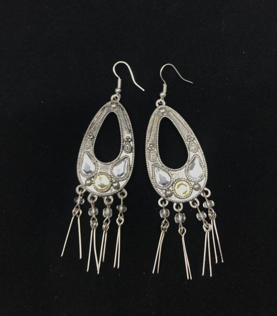Vintage Silver Dangle Teardrop Earrings with Faux… - image 1