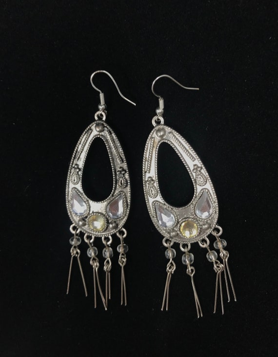 Vintage Silver Dangle Teardrop Earrings with Faux… - image 2