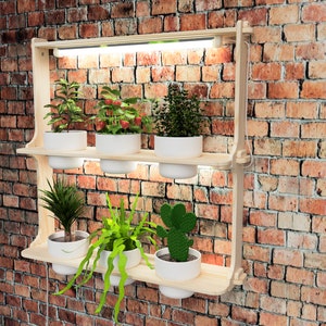Hanging Plant Shelf Wall Mount With Grow Lights | Plant Hanger For House Plants and Succulents | Wood Flat Pack Plants Shelves Easy Assembly