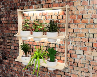 Hängende Pflanzenregal Wandhalterung mit Wachstumslichter | Pflanzenaufhänger für Zimmerpflanzen und Sukkulenten | Holz Flat Pack Pflanzen Regale Einfache Montage