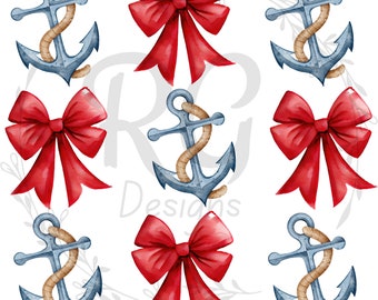 Nautische Anker und Schleifen png, Ankerschleifen, 4. Juli DTF, Heat Transfer Digital Download Clipart, Patriotisch, Sublimation, UV DTF Girly