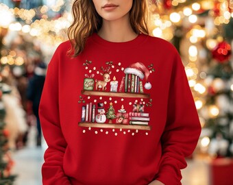 Weihnachtsbücherregal Rundhals-Sweatshirt, Bücher, Weihnachten, Urlaub, Festlich, Lesen