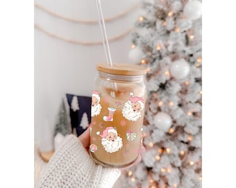 Vintage Santa Glass Tumbler, Christmas, 16oz Glass Cup, Holiday Iced Coffee Cup, Glass Can with Bamboo Lid & Straw, Gift Idea,  UV DTF