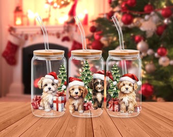 Santa Puppies Glass Tumbler, Christmas, 16oz Glass Cup, Holiday Iced Coffee Cup, Book Lover Gift Idea,  UV DTF