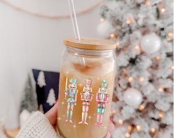 Nutcracker Trio 16 oz Glass Tumbler, Holiday Iced Coffee, Glass beer can with bamboo lid & shatter resistant straw, Christmas, UV DTF