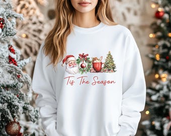 Tis the Season Crewneck Sweatshirt, Unisex, Weihnachtsmann, Kranz, Weihnachtsbaum, Vintage Retro