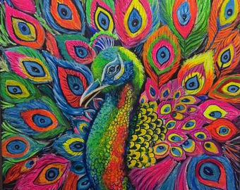 Peacock Colors Acrylic Painting: Neon Art, 14x14