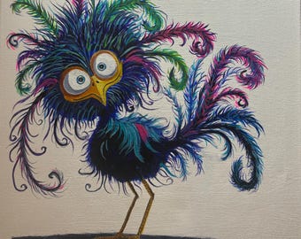 Crazy Rainbow Chicken Painting: Acrylic on Canvas (14x14)
