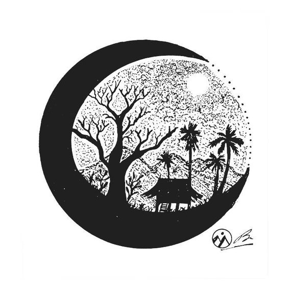 Original Moon Art Beach Vacation Drawing Palm Trees Moon Etsy