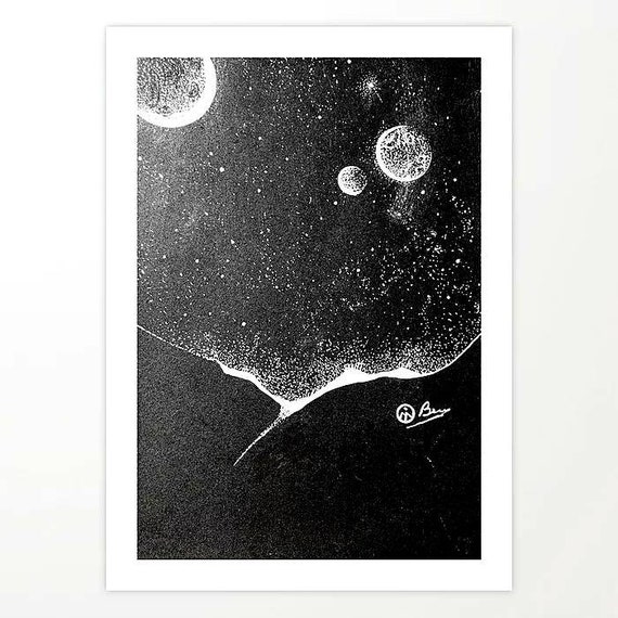 Original Moon Art Night Sky Drawing Moon And Stars Artwork Etsy