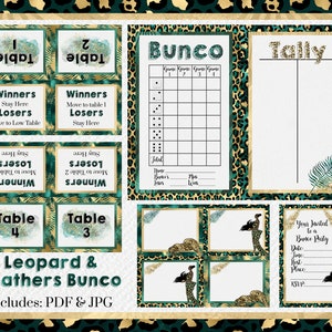 Leopard and Feathers Teal/Gold/Black Bunco Score Card, Table Tents, Invitations, Gift Tags and Tally Sheet - PDF & JPG
