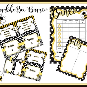 May include: A printable set of game cards for a Bumble Bee Bunco game. The cards are black and yellow with a polka dot pattern and feature a bee illustration. The cards include instructions for the game, such as "Winners Move to Table 1" and "Losers Stay Here".