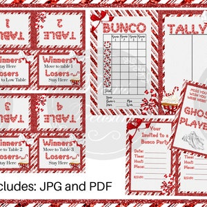 May include: Printable red and white striped cards for a Bunco game. The cards include instructions for winners and losers, a tally sheet, and a ghost player card. The cards have a candy cane theme with red glitter accents.