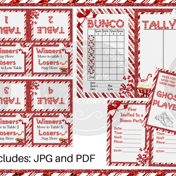 Christmas Candy Cane Bunco Score Card, Table Tents, Invitations, Ghost Table and Tally Sheet - PDF & JPG