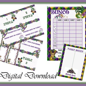 Mardi Gras Bunco Score Cards and Table Tents - Digital Downloads - PDF and Individual PNG&#39;s