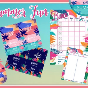 Summer Fun Palm Tree Bunco Score Cards, Table Tents, Tally Sheet & Prize Tags - Digital Downloads - PDF and Individual PNG&#39;s and JPG&#39;s
