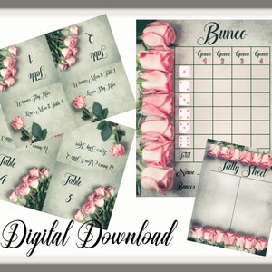 Pink Roses Bunco Score Cards and Table Tents - Digital Downloads - PDF and Individual PNG's