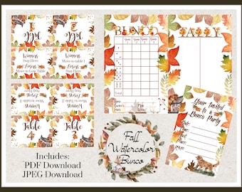 Fall Watercolor Bunco Score Card, Table Tents, Invitations, Gift Tags and Tally Sheet - PDF & JPG