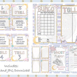 Pajama Party/Slumber Party Bunco Score Card, Table Tents, Invitations, Ghost Table Tag, Gift Tags and Tally Sheet - PDF. PNG & JPG