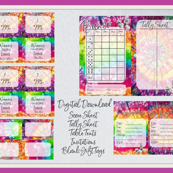 Tie Dye Bunco Score Card, Table Tents, Invitations, Gift Tags and Tally Sheet - PDF, PNG and JPG