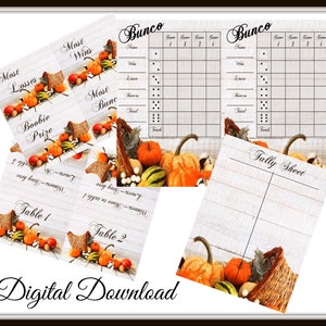 Ringraziamento Cornucopia Bunco Score Card, Tende da tavolo, Foglio di conteggio e Tag dei premi - Download digitali - PDF e PNG individuali