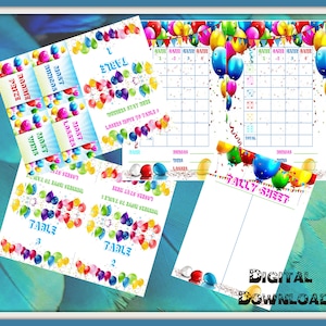 Birthday Balloons Bunco Score Cards, Table Tents, Tally Sheet & Prize Tags - Digital Downloads - PDF and Individual PNG&#39;s