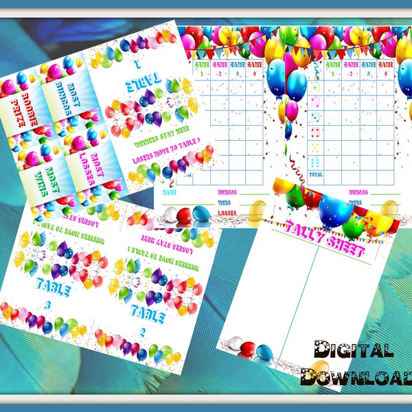 Birthday Balloons Bunco Score Cards, Table Tents, Tally Sheet & Prize Tags - Digital Downloads - PDF and Individual PNG's