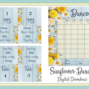 Sunflower Bunco Score Cards and Table Tents - Digital Downloads - PDF and Individual PNG&#39;s