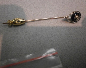 Vintage 10k white and yellow gold onyx and diamond lapel stick pin